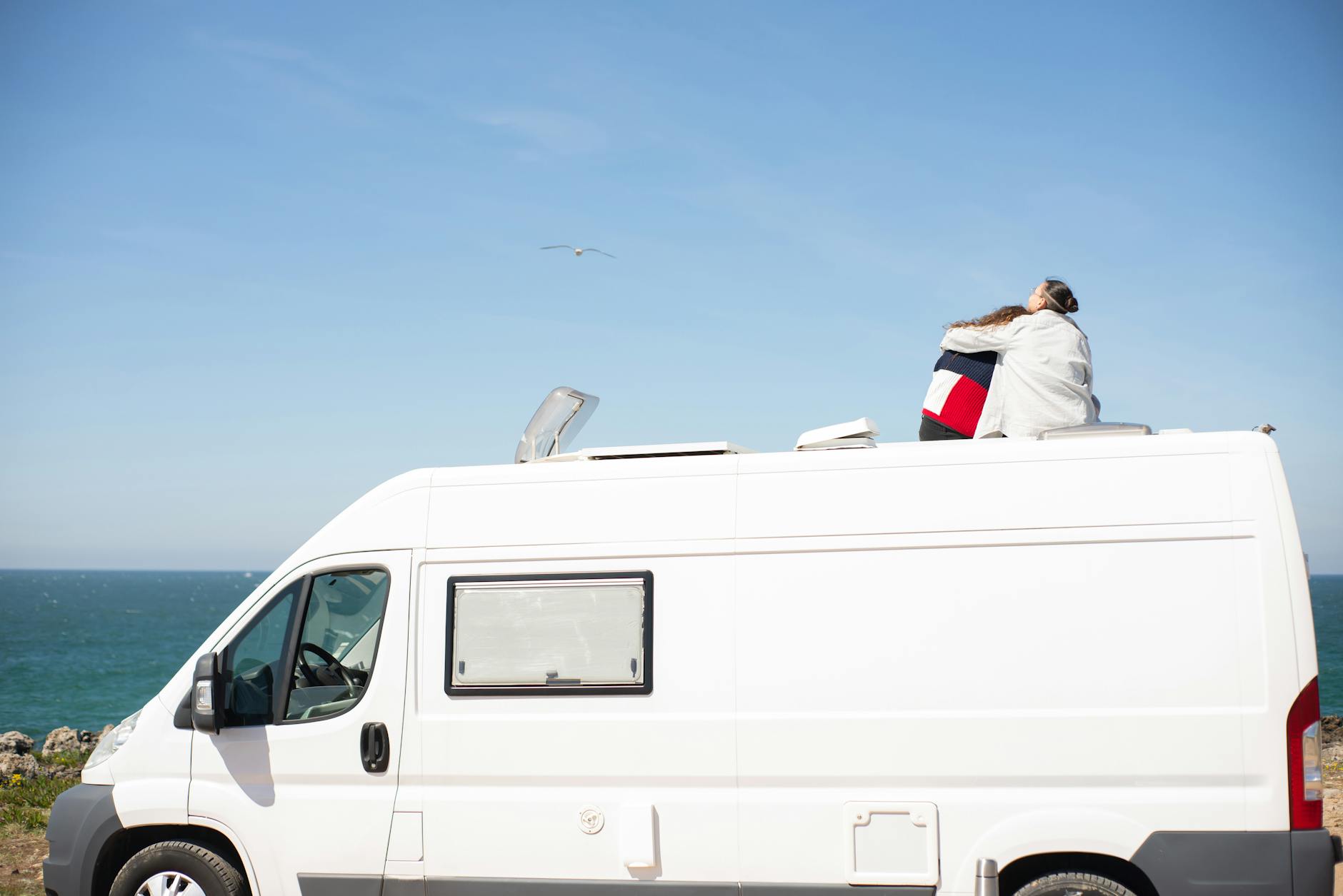 back view of a couple sitting on top of an rv