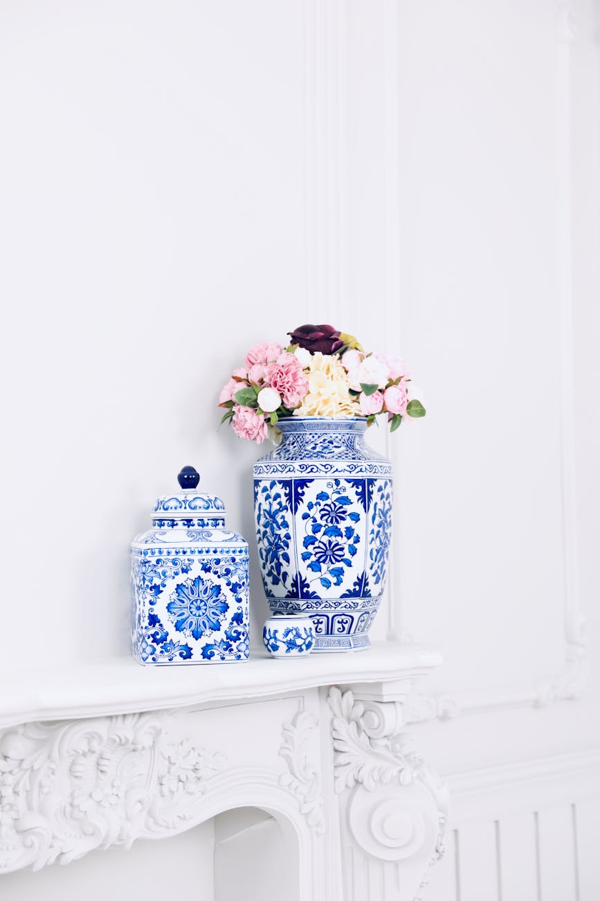 elegant blue and white porcelain vase with flowers