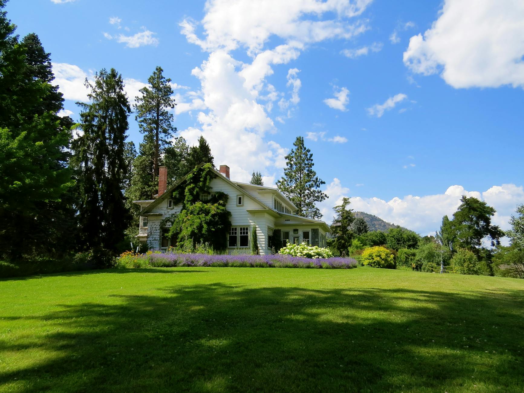 house surrounded by green grass below clouds and sky