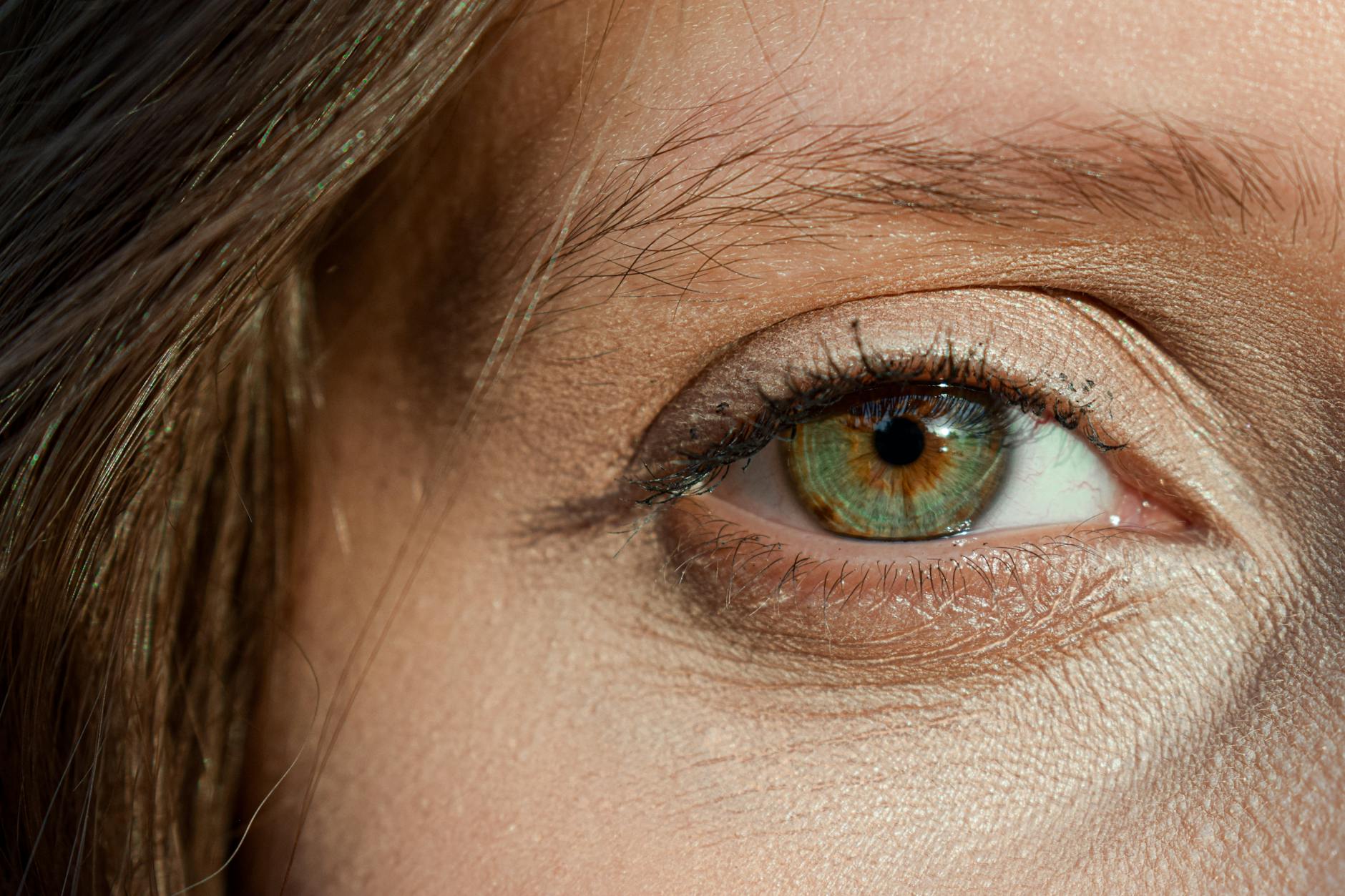 closeup of hazel eye with mascara on the eyelashes