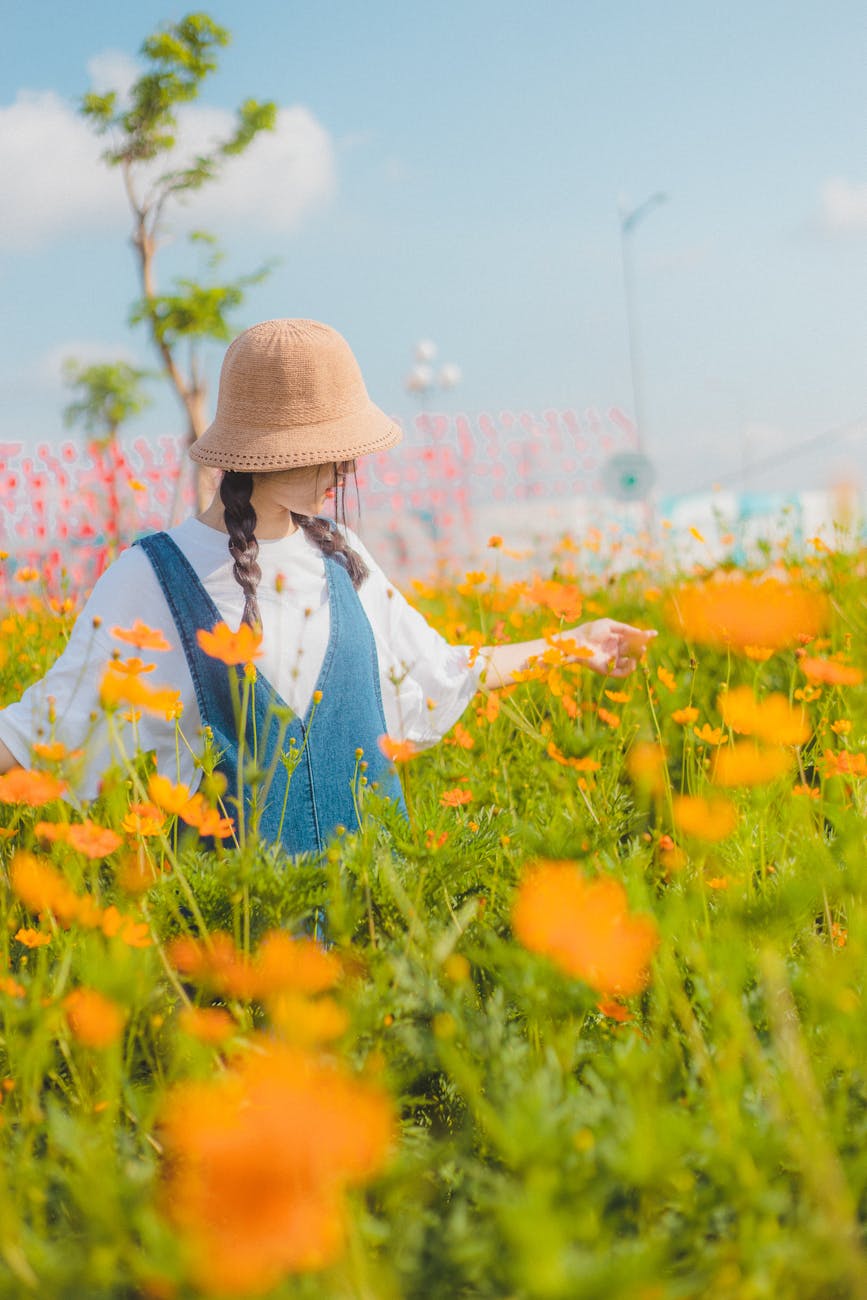 photo of woman on flower field