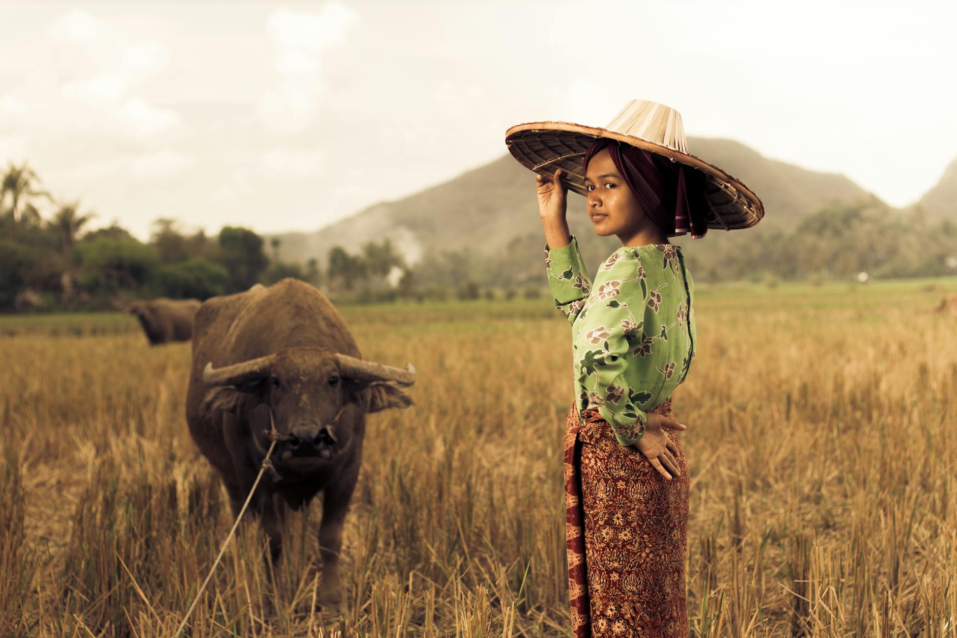 photo of woman standing near carabao