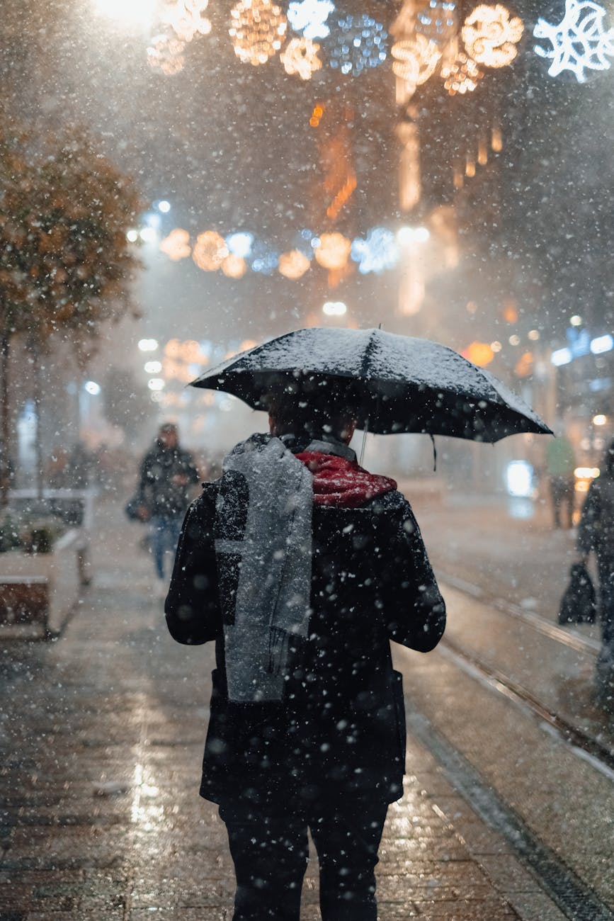 back view of man under umbrella in winter