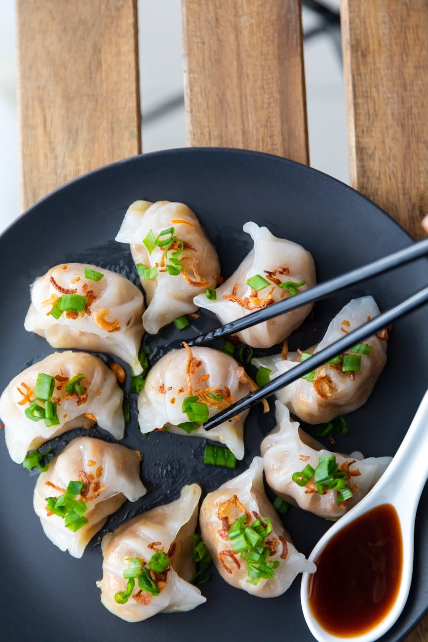 dumplings on blue ceramic bowl