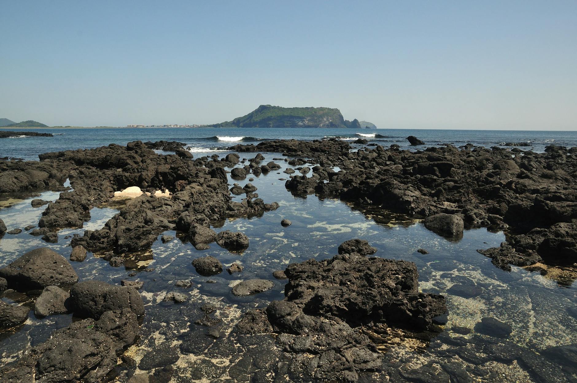 jeju island coastal black rocks with ocean view