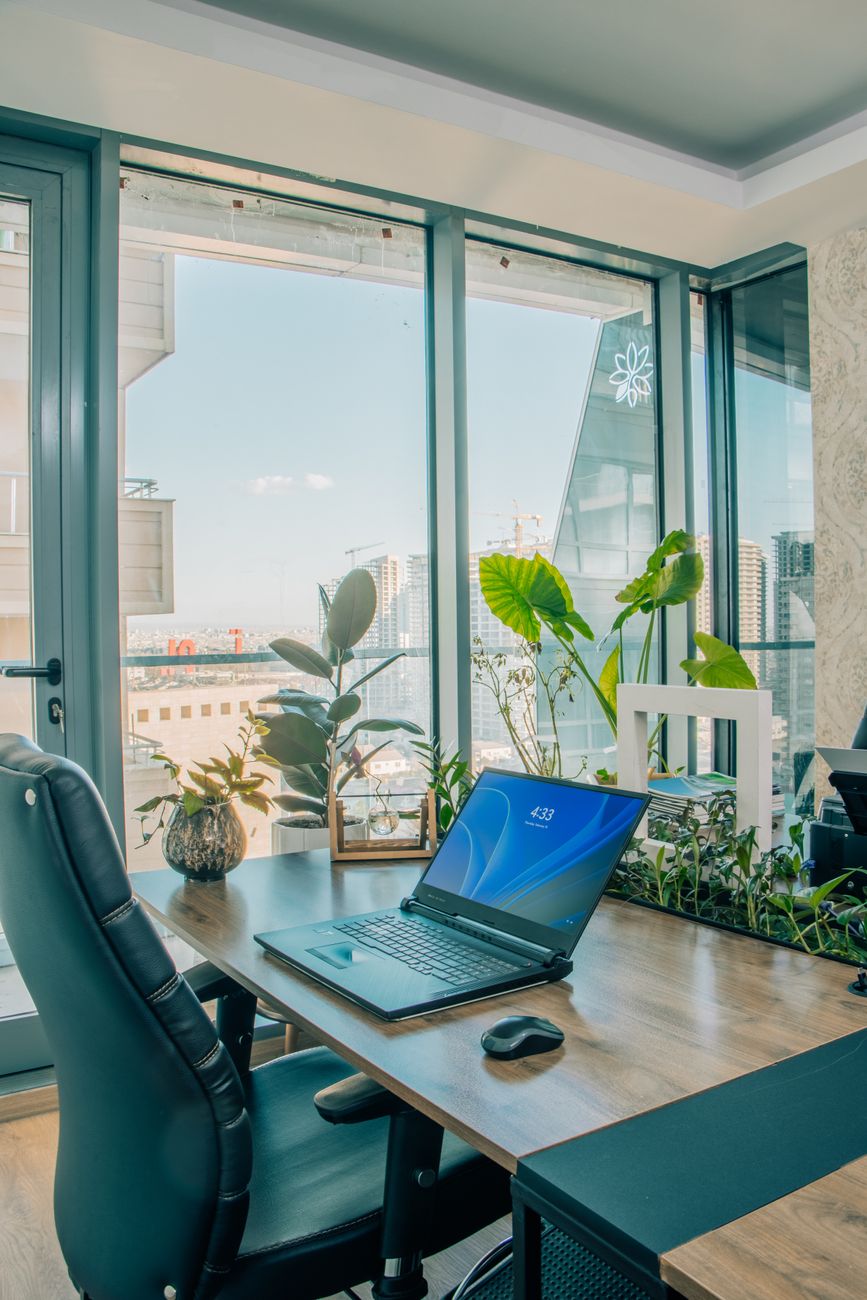 a laptop and houseplants on a desk in an apartment
