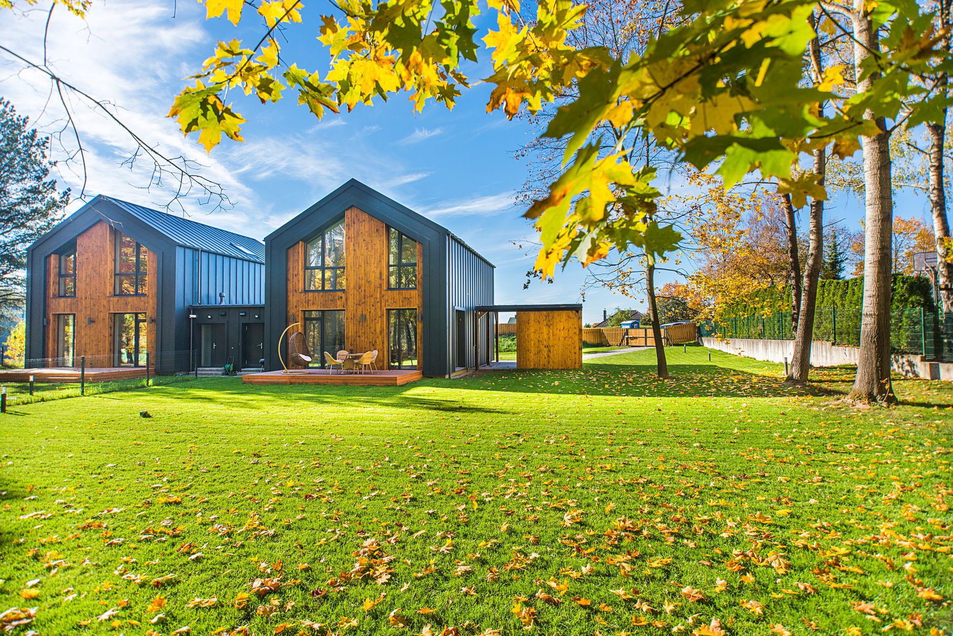 beautiful wooden houses with lawns