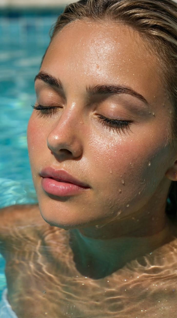 relaxing poolside portrait with water droplets