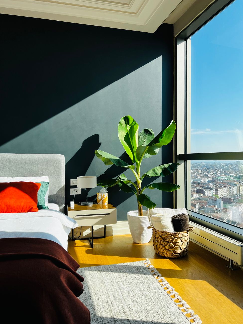 interior of bedroom with trendy decor