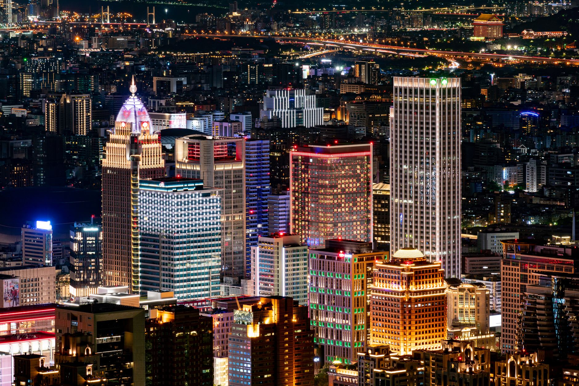 aerial view of city buildings during night time