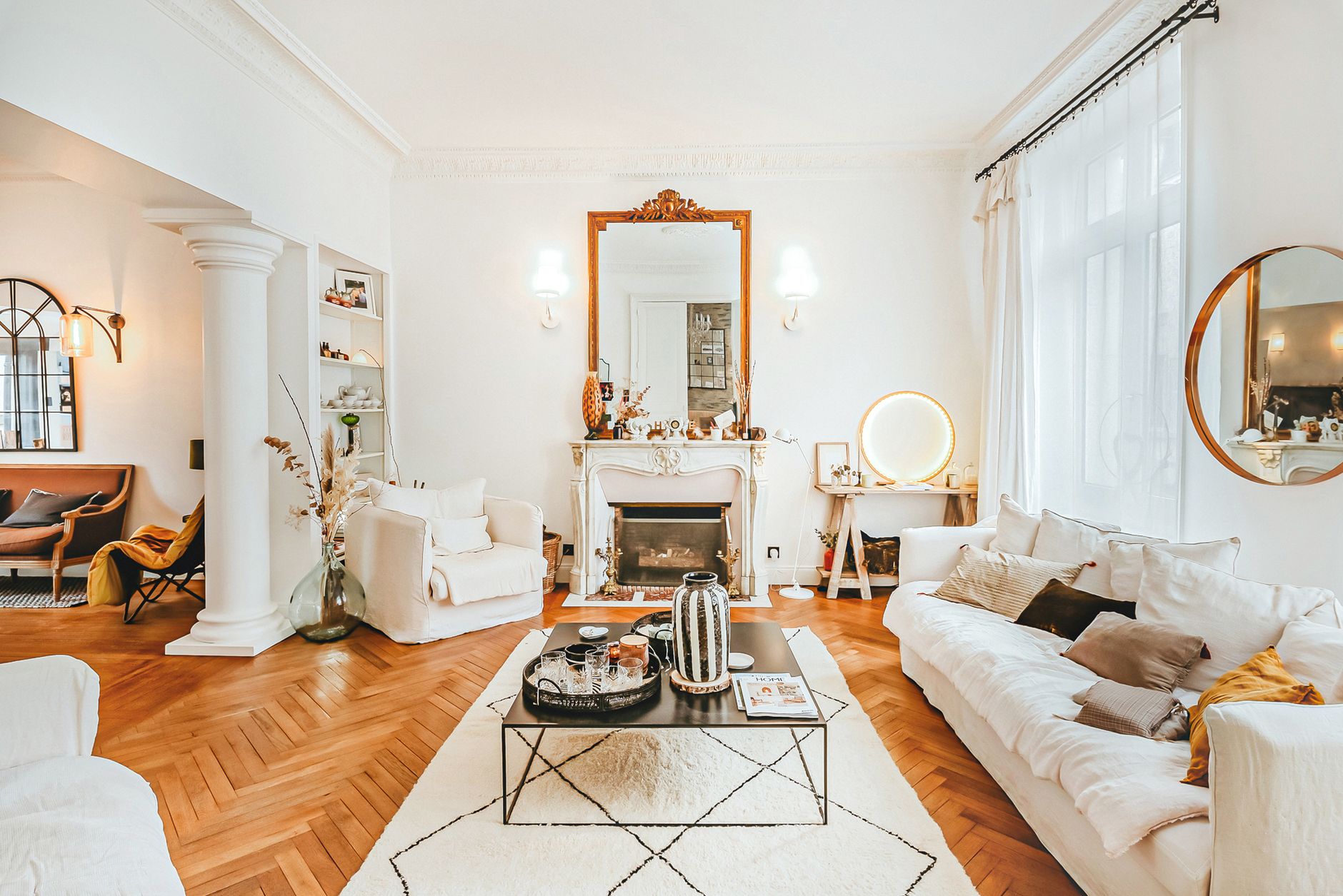 cozy living room with white furniture