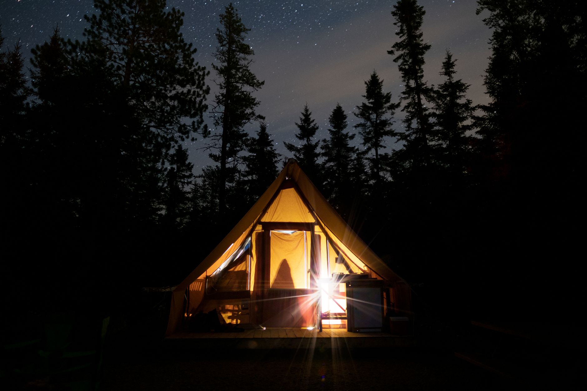 a tent in the forest at night