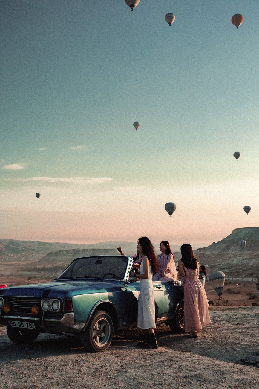 hot air balloons over cappadocia at sunset