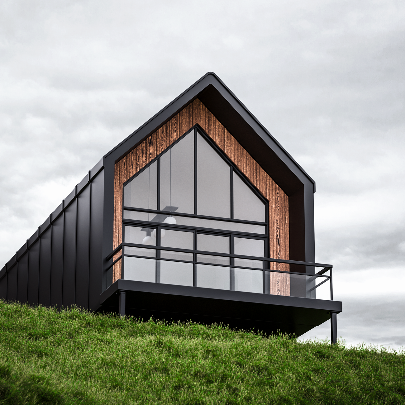 modern architectural cabin on grassy hillside